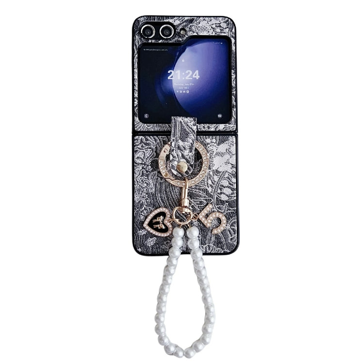 Embroidery Style Full Coverage Phone Case with Ring Bead Chain, For Samsung Galaxy Z Flip6 / Flip7 FE, For Samsung Galaxy Z Flip5