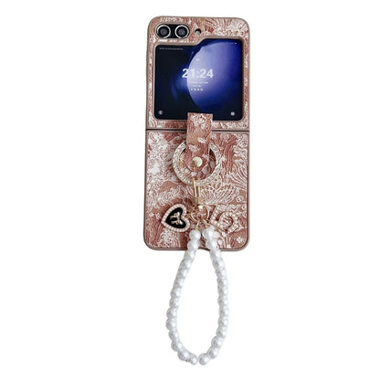 Embroidery Style Full Coverage Phone Case with Ring Bead Chain, For Samsung Galaxy Z Flip6 / Flip7 FE, For Samsung Galaxy Z Flip5