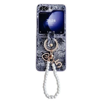Embroidery Style Full Coverage Phone Case with Ring Bead Chain, For Samsung Galaxy Z Flip6 / Flip7 FE, For Samsung Galaxy Z Flip5