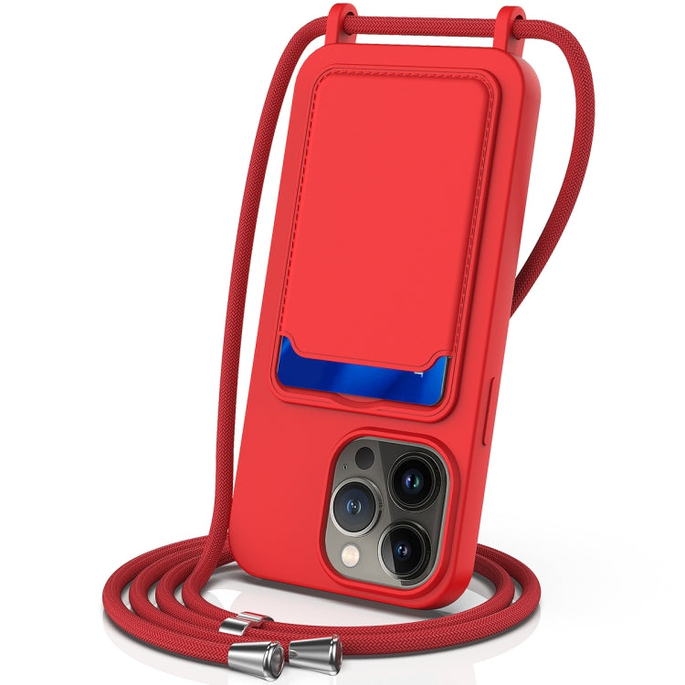 Integrated Card Bag Solid Color Liquid Silicone Phone Case with Lanyard, For iPhone 13 Pro, For iPhone 13, For iPhone 12, For iPhone 12 Pro Max, For iPhone 12 Pro