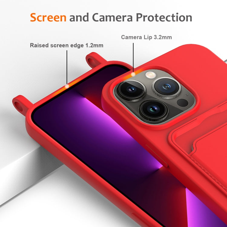 Integrated Card Bag Solid Color Liquid Silicone Phone Case with Lanyard, For iPhone 13 Pro, For iPhone 13, For iPhone 12, For iPhone 12 Pro Max, For iPhone 12 Pro