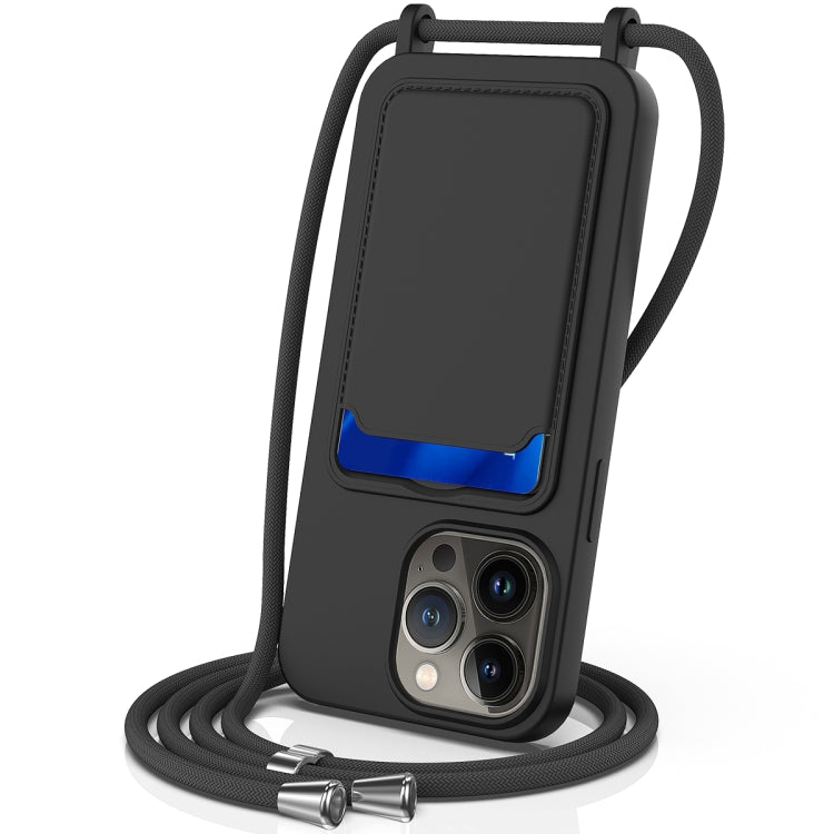 Integrated Card Bag Solid Color Liquid Silicone Phone Case with Lanyard, For iPhone 13 Pro, For iPhone 13, For iPhone 12, For iPhone 12 Pro Max, For iPhone 12 Pro