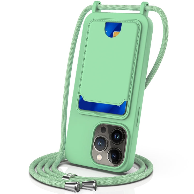 Integrated Card Bag Solid Color Liquid Silicone Phone Case with Lanyard, For iPhone 13 Pro, For iPhone 13, For iPhone 12, For iPhone 12 Pro Max, For iPhone 12 Pro