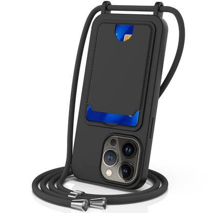 Integrated Card Bag Solid Color Liquid Silicone Phone Case with Lanyard, For iPhone 13 Pro, For iPhone 13, For iPhone 12, For iPhone 12 Pro Max, For iPhone 12 Pro