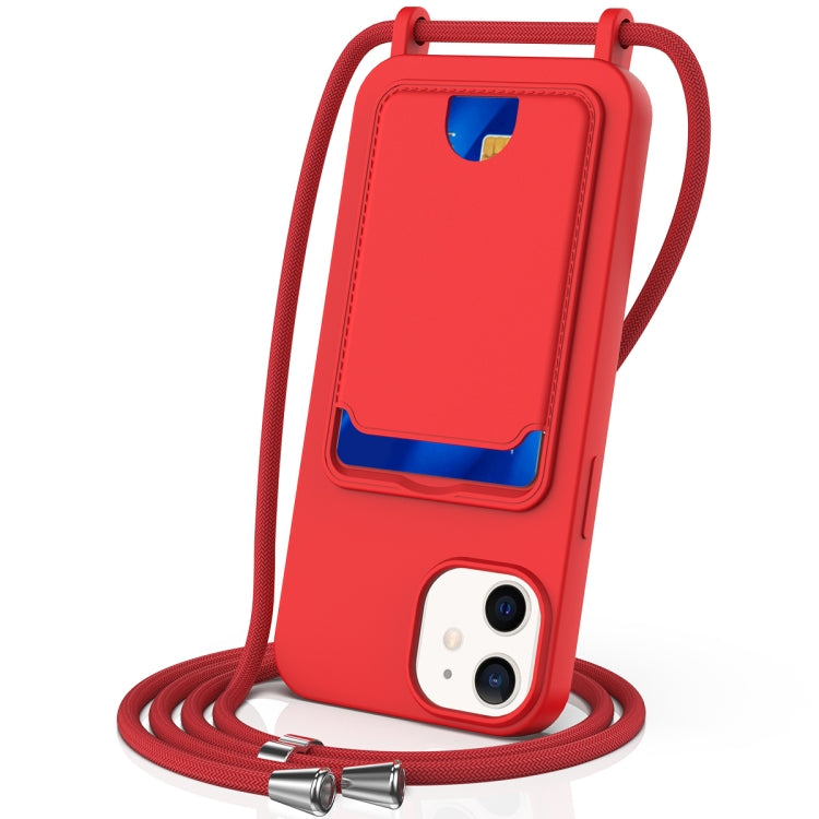 Integrated Card Bag Solid Color Liquid Silicone Phone Case with Lanyard, For iPhone 13 Pro, For iPhone 13, For iPhone 12, For iPhone 12 Pro Max, For iPhone 12 Pro