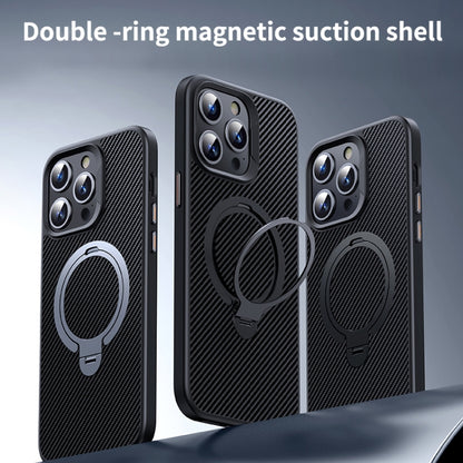 Double Ring MagSafe Holder Carbon Fiber Phone Case, For iPhone 16 Pro Max, For iPhone 16 Pro, For iPhone 16 Plus, For iPhone 16, For iPhone 15 Pro Max, For iPhone 15 Pro, For iPhone 15 Plus / 14 Plus, For iPhone 15, For iPhone 14 / 13, For iPhone 14 Pr...
