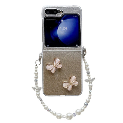 Glitter Powder 3D Butterfly PC Side Buckle Full Coverage Shockproof Phone Case with Pearl Bracelet