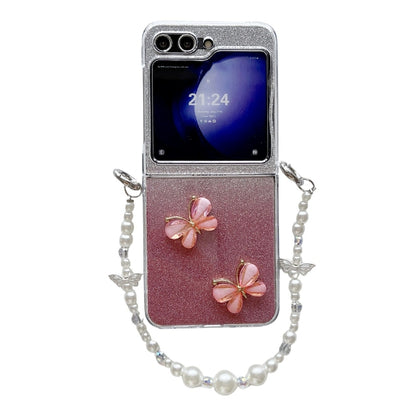 Glitter Powder 3D Butterfly PC Side Buckle Full Coverage Shockproof Phone Case with Pearl Bracelet