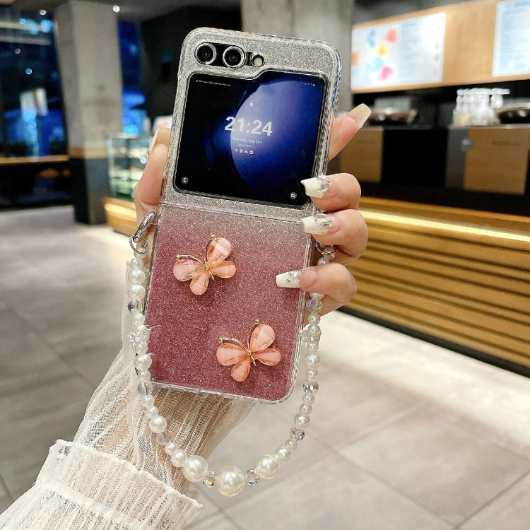 Glitter Powder 3D Butterfly PC Side Buckle Full Coverage Shockproof Phone Case with Pearl Bracelet, For Samsung Galaxy Z Flip6 / Flip7 FE, For Samsung Galaxy Z Flip5 5G