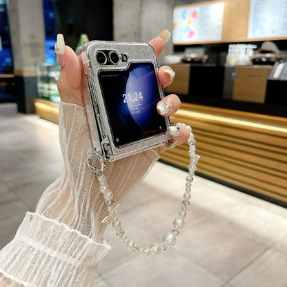 Glitter Powder 3D Butterfly PC Side Buckle Full Coverage Shockproof Phone Case with Pearl Bracelet, For Samsung Galaxy Z Flip6 / Flip7 FE, For Samsung Galaxy Z Flip5 5G