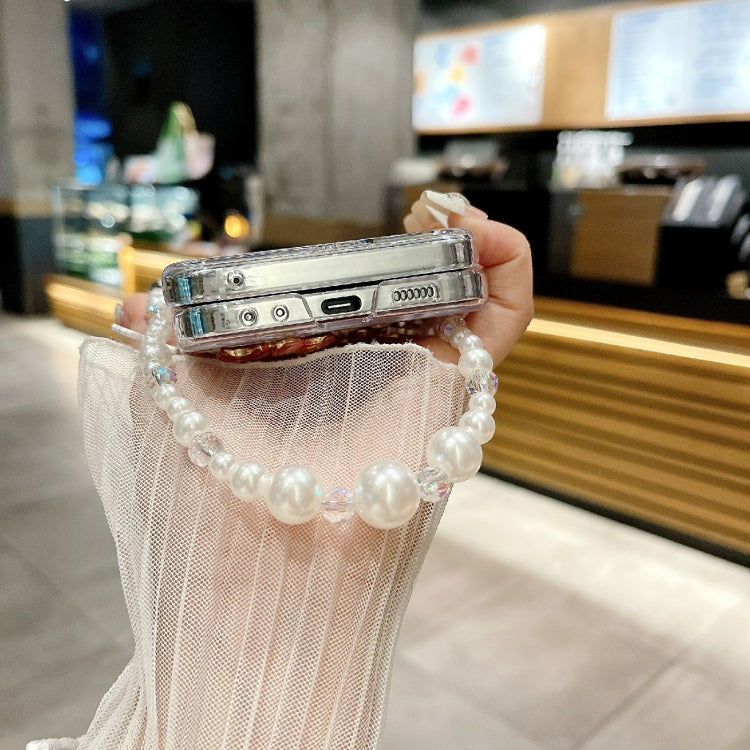 Glitter Powder 3D Butterfly PC Side Buckle Full Coverage Shockproof Phone Case with Pearl Bracelet, For Samsung Galaxy Z Flip6 / Flip7 FE, For Samsung Galaxy Z Flip5 5G