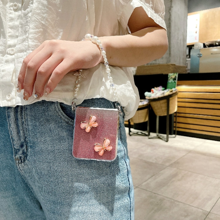 Glitter Powder 3D Butterfly PC Side Buckle Full Coverage Shockproof Phone Case with Pearl Bracelet, For Samsung Galaxy Z Flip6 / Flip7 FE, For Samsung Galaxy Z Flip5 5G