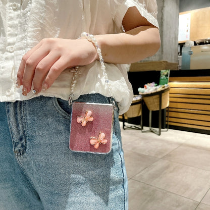 Glitter Powder 3D Butterfly PC Side Buckle Full Coverage Shockproof Phone Case with Pearl Bracelet, For Samsung Galaxy Z Flip6 / Flip7 FE, For Samsung Galaxy Z Flip5 5G