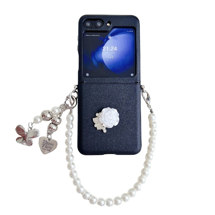 Leather Texture 3D Rose Side Buckle Full Coverage Shockproof Phone Case with Pearl Bracelet