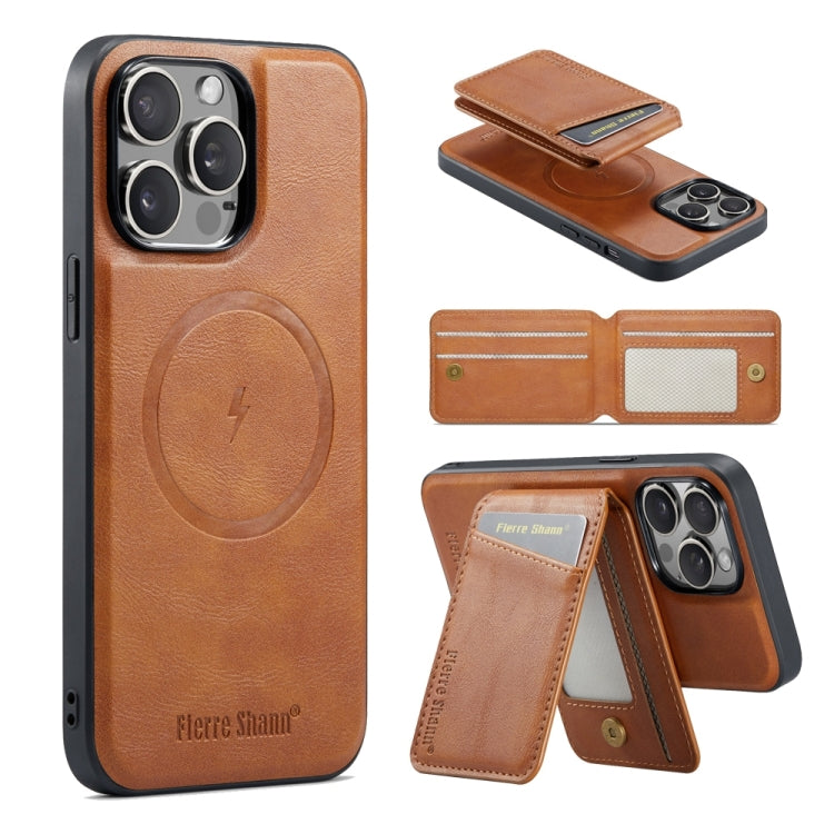 Fierre Shann Cowhide Vertical Flip Magnetic Card Holder Phone Case, For iPhone 16, For iPhone 15 Pro Max, For iPhone 15 Pro, For iPhone 14 Pro