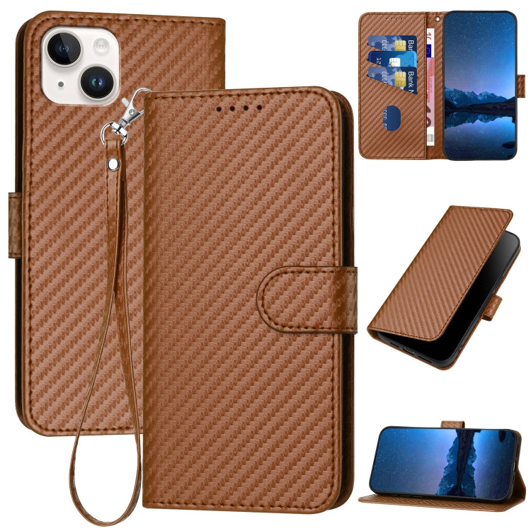 YX0070 Carbon Fiber Buckle Leather Phone Case with Lanyard, For iPhone 15 Pro Max, For iPhone 15 Pro, For iPhone 15 Plus