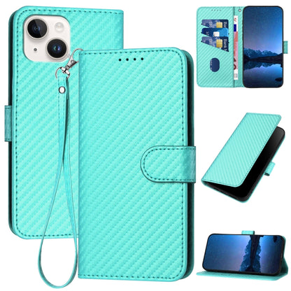 YX0070 Carbon Fiber Buckle Leather Phone Case with Lanyard, For iPhone 15, For iPhone 14 Plus, For iPhone 14