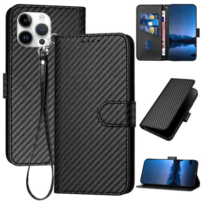 YX0070 Carbon Fiber Buckle Leather Phone Case with Lanyard, For iPhone 14 Pro, For iPhone 14 Pro Max, For iPhone SE 2022 / SE 2020 / 8 / 7