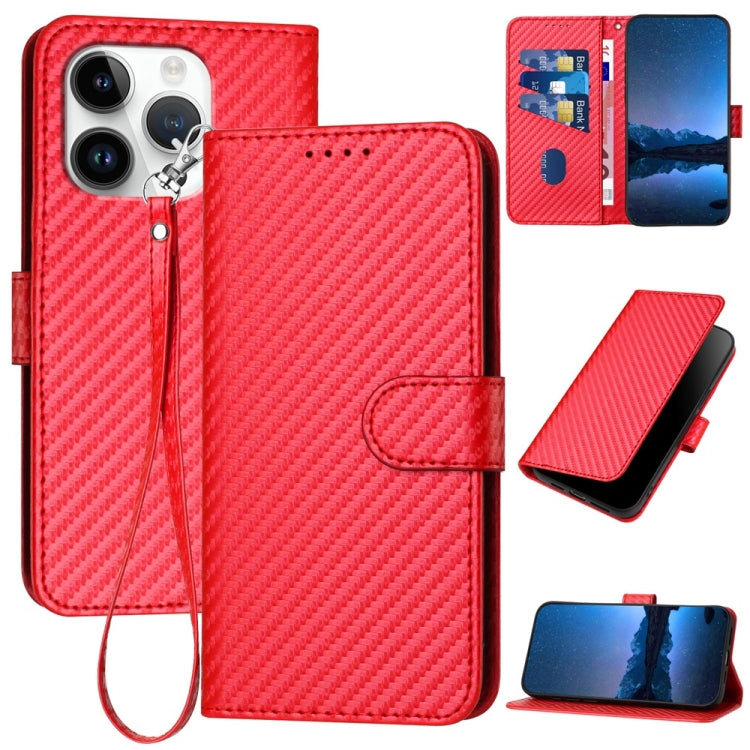 YX0070 Carbon Fiber Buckle Leather Phone Case with Lanyard, For iPhone 16 Pro, For iPhone 16 Plus, For iPhone 16