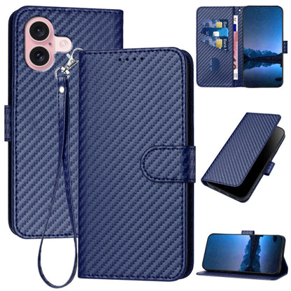 YX0070 Carbon Fiber Buckle Leather Phone Case with Lanyard, For iPhone 16 Pro, For iPhone 16 Plus, For iPhone 16