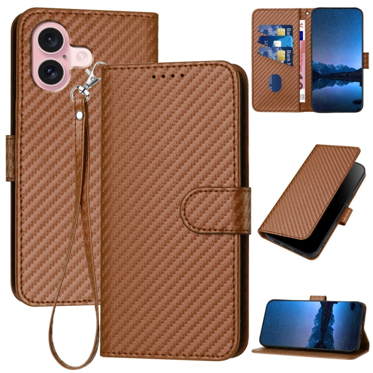 YX0070 Carbon Fiber Buckle Leather Phone Case with Lanyard, For iPhone 16 Pro, For iPhone 16 Plus, For iPhone 16