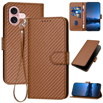 YX0070 Carbon Fiber Buckle Leather Phone Case with Lanyard, For iPhone 16 Pro, For iPhone 16 Plus, For iPhone 16