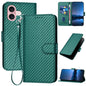 YX0070 Carbon Fiber Buckle Leather Phone Case with Lanyard, For iPhone 16 Pro, For iPhone 16 Plus, For iPhone 16