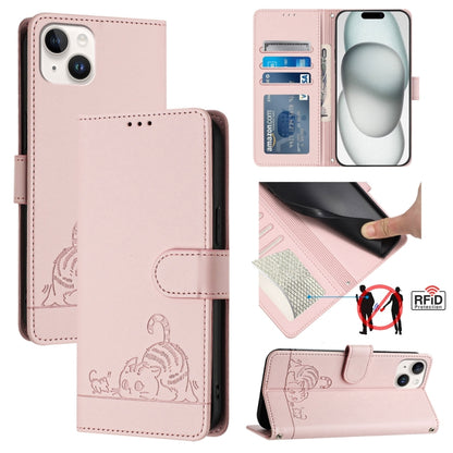 Cat Rat Embossed Pattern RFID Leather Phone Case with Lanyard, For iPhone SE 2024, For iPhone 15 Pro Max, For iPhone 15 Pro, For iPhone 15 Plus