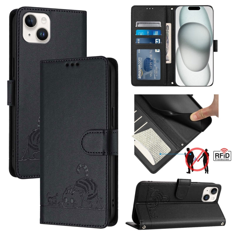 Cat Rat Embossed Pattern RFID Leather Phone Case with Lanyard, For iPhone SE 2024, For iPhone 15 Pro Max, For iPhone 15 Pro, For iPhone 15 Plus