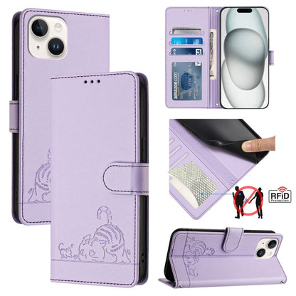 Cat Rat Embossed Pattern RFID Leather Phone Case with Lanyard, For iPhone 15, For iPhone 14 Plus, For iPhone 14/13, For iPhone 14 Pro