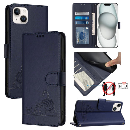 Cat Rat Embossed Pattern RFID Leather Phone Case with Lanyard, For iPhone 15, For iPhone 14 Plus, For iPhone 14/13, For iPhone 14 Pro