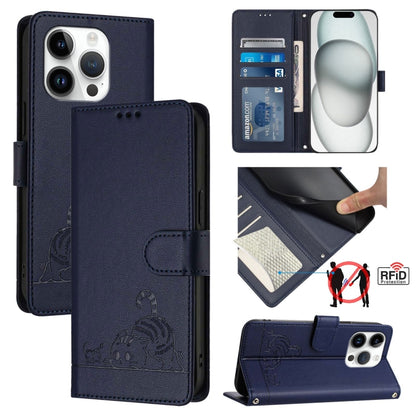 Cat Rat Embossed Pattern RFID Leather Phone Case with Lanyard, For iPhone 15, For iPhone 14 Plus, For iPhone 14/13, For iPhone 14 Pro