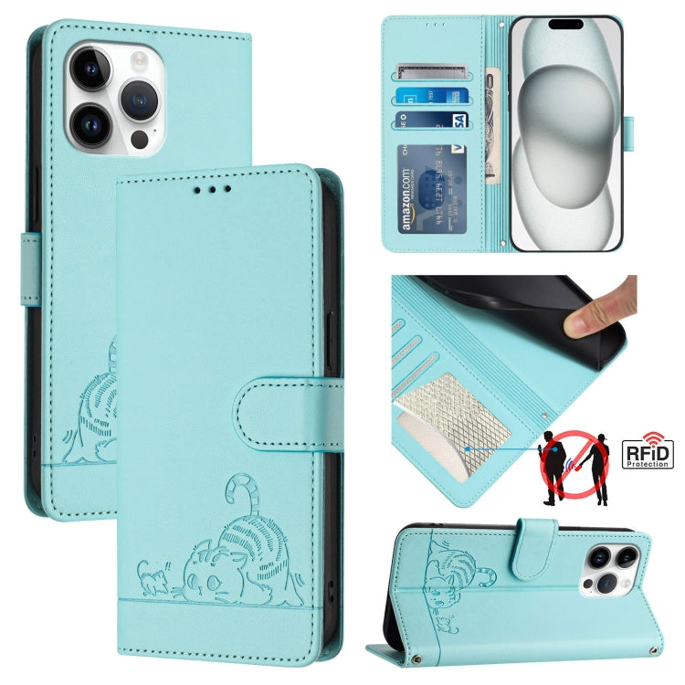 Cat Rat Embossed Pattern RFID Leather Phone Case with Lanyard, For iPhone 14 Pro Max, For iPhone SE 2022/SE 2020/6/7/8, For iPhone 13 Pro Max, For iPhone 13 Pro