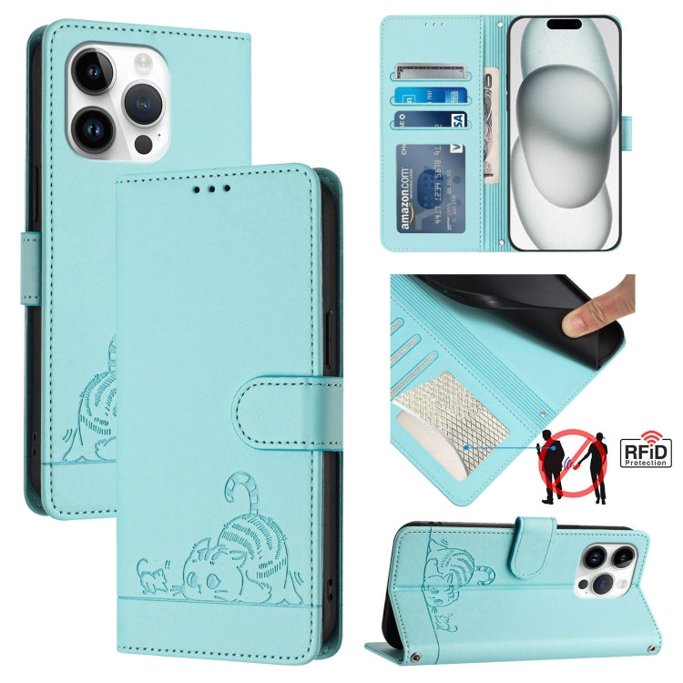 Cat Rat Embossed Pattern RFID Leather Phone Case with Lanyard, For iPhone 14 Pro Max, For iPhone SE 2022/SE 2020/6/7/8, For iPhone 13 Pro Max, For iPhone 13 Pro