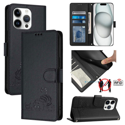 Cat Rat Embossed Pattern RFID Leather Phone Case with Lanyard, For iPhone 14 Pro Max, For iPhone SE 2022/SE 2020/6/7/8, For iPhone 13 Pro Max, For iPhone 13 Pro
