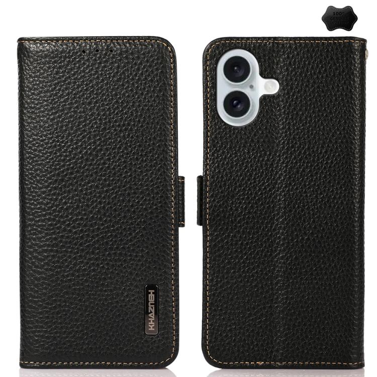 KHAZNEH Side-Magnetic Litchi Genuine Leather RFID Case, For iPhone 16e / 17e, For iPhone 17 Pro Max, For iPhone 17 Pro, For iPhone 17, For iPhone Air, For iPhone 16 Pro Max