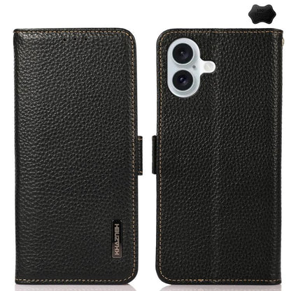 KHAZNEH Side-Magnetic Litchi Genuine Leather RFID Case, For iPhone 16e / 17e, For iPhone 17 Pro Max, For iPhone 17 Pro, For iPhone 17, For iPhone Air, For iPhone 16 Pro Max