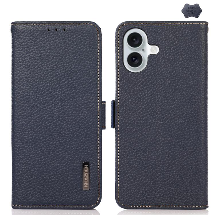 KHAZNEH Side-Magnetic Litchi Genuine Leather RFID Case, For iPhone 16e / 17e, For iPhone 17 Pro Max, For iPhone 17 Pro, For iPhone 17, For iPhone Air, For iPhone 16 Pro Max