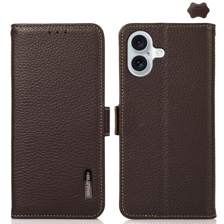 KHAZNEH Side-Magnetic Litchi Genuine Leather RFID Case, For iPhone 16e / 17e, For iPhone 17 Pro Max, For iPhone 17 Pro, For iPhone 17, For iPhone Air, For iPhone 16 Pro Max
