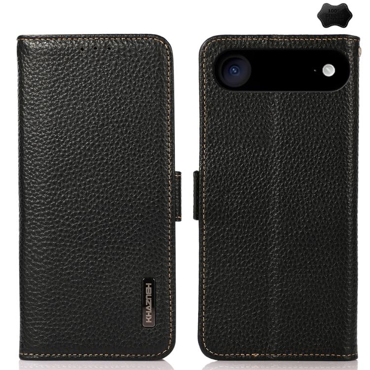 KHAZNEH Side-Magnetic Litchi Genuine Leather RFID Case, For iPhone 16e / 17e, For iPhone 17 Pro Max, For iPhone 17 Pro, For iPhone 17, For iPhone Air, For iPhone 16 Pro Max