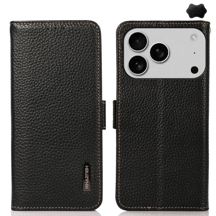 KHAZNEH Side-Magnetic Litchi Genuine Leather RFID Case, For iPhone 16e / 17e, For iPhone 17 Pro Max, For iPhone 17 Pro, For iPhone 17, For iPhone Air, For iPhone 16 Pro Max