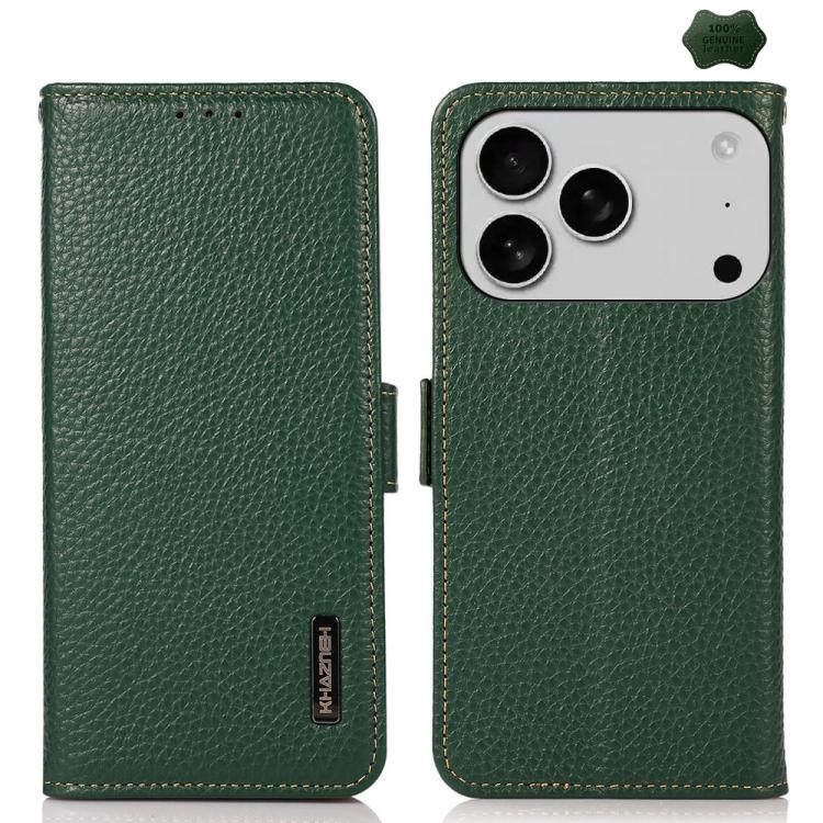 KHAZNEH Side-Magnetic Litchi Genuine Leather RFID Case, For iPhone 16e / 17e, For iPhone 17 Pro Max, For iPhone 17 Pro, For iPhone 17, For iPhone Air, For iPhone 16 Pro Max