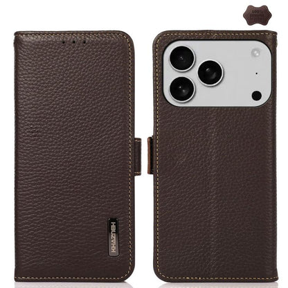 KHAZNEH Side-Magnetic Litchi Genuine Leather RFID Case, For iPhone 16e / 17e, For iPhone 17 Pro Max, For iPhone 17 Pro, For iPhone 17, For iPhone Air, For iPhone 16 Pro Max