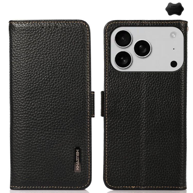 KHAZNEH Side-Magnetic Litchi Genuine Leather RFID Case, For iPhone 16e / 17e, For iPhone 17 Pro Max, For iPhone 17 Pro, For iPhone 17, For iPhone Air, For iPhone 16 Pro Max