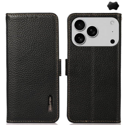 KHAZNEH Side-Magnetic Litchi Genuine Leather RFID Case, For iPhone 16e / 17e, For iPhone 17 Pro Max, For iPhone 17 Pro, For iPhone 17, For iPhone Air, For iPhone 16 Pro Max
