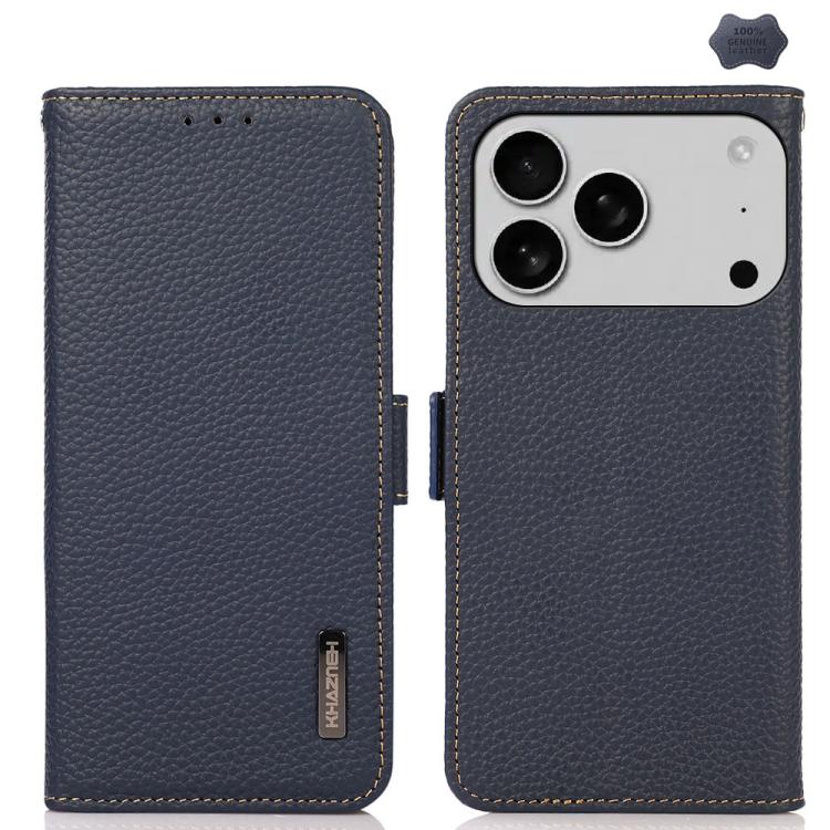 KHAZNEH Side-Magnetic Litchi Genuine Leather RFID Case, For iPhone 16e / 17e, For iPhone 17 Pro Max, For iPhone 17 Pro, For iPhone 17, For iPhone Air, For iPhone 16 Pro Max