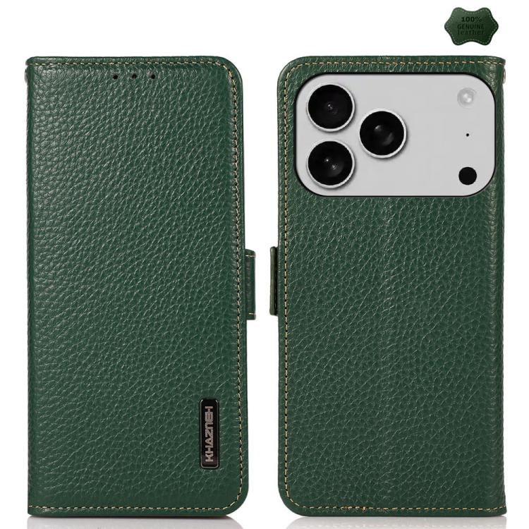 KHAZNEH Side-Magnetic Litchi Genuine Leather RFID Case, For iPhone 16e / 17e, For iPhone 17 Pro Max, For iPhone 17 Pro, For iPhone 17, For iPhone Air, For iPhone 16 Pro Max