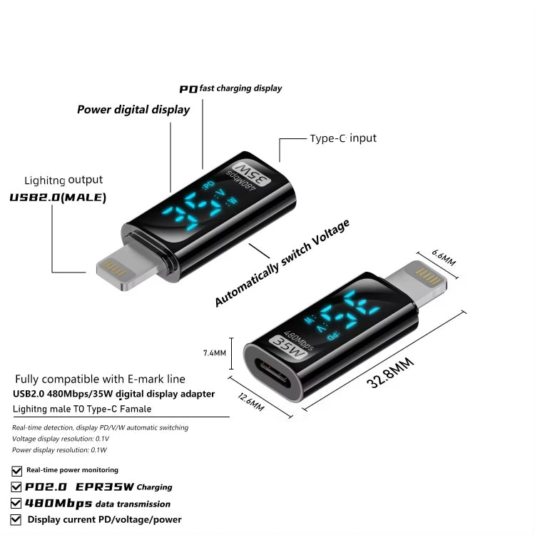 Charging Adapter with Digital Display, 8 Pin Male to Type-C Female 35W, Type-C Male to 8 Pin Female 35W, Type-C Male to Type-C Female 140W