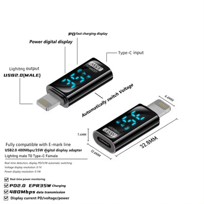 Charging Adapter with Digital Display, 8 Pin Male to Type-C Female 35W, Type-C Male to 8 Pin Female 35W, Type-C Male to Type-C Female 140W