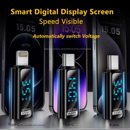 Charging Adapter with Digital Display, 8 Pin Male to Type-C Female 35W, Type-C Male to 8 Pin Female 35W, Type-C Male to Type-C Female 140W